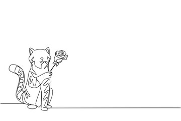 Continuous one line drawing the cat is holding a rose with one of its paws. Pets bring flowers as a sign of love for their loved ones. Cute. Rose Festival. Single line draw design vector illustration