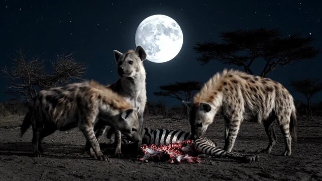 Hyenas Feeding Under Moonlight on a Zebra Carcass in the Wild