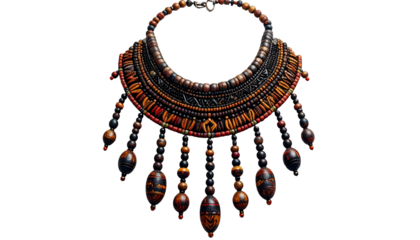 Ornate, detailed beaded necklace with pendant drops, dark brown colors