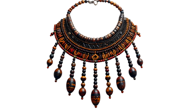 Ornate, detailed beaded necklace with pendant drops, dark brown colors