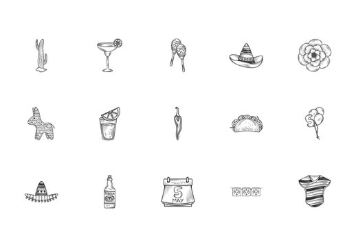 Black Cinco de Mayo Holiday Icons Set