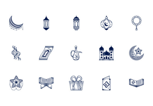 Ramadan Eid Mubarak Islam Religion Icons Set