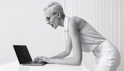 A modern woman with glasses looks excited while typing code quickly on her laptop in a white office.