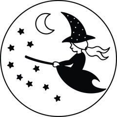 witch flying on broomstick over patterned moon vector illustration on transparent background