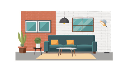 Illustration of a living room with a sofa, coffee table, plants, and windows in a cozy apartment