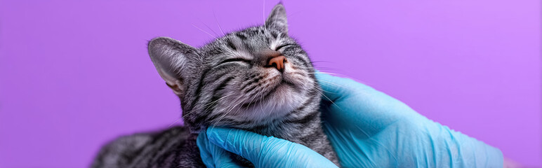 Veterinarian doctor wearing medical gloves examining gray tabby cat. Cat being a patient at veterinary clinic, purple background. 