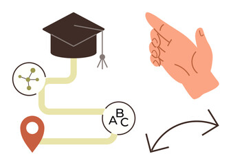 Graduation cap, hand gesture, pathway linking map pin and education symbols emphasizing decision-making, growth, development. Ideal for education, learning, guidance, success navigation choice