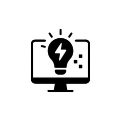Light bulb with lightning on computer screen icon for digital ideas and innovation concepts