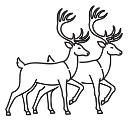 Black outline vector icon of two elegant deer with large antlers, walking gracefully side by side, symbolizing wildlife and nature.
