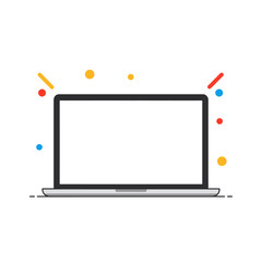 A flat design illustration of a laptop with a blank display and colorful confetti bursts.