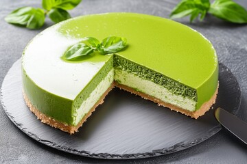 Fresh mousse matcha cheesecake with glossy mirror glaze on slate plate.