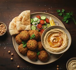 Photo and Illustration - falafel balls served with hummus, pita bread, and fresh vegetables