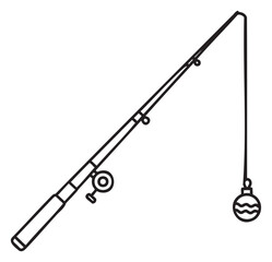 Black outline vector icon of a simple fishing rod with a bobber attached. minimal linear illustration for fishing and outdoor recreation concepts.
