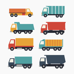 A vibrant collection of eight distinct flat design trucks, showcasing various cargo and dump truck styles in bright, contrasting colors against a clean white background.