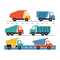 Colorful flat-design illustrations of various dump trucks driving on a paved road, showcasing different truck shapes.
