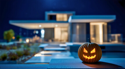 A spooky glowing Jack-o'-lantern for a Halloween decoration, a scary carved pumpkin in front of a modern luxury house, a concept of a stylish and elegant autumn holiday party, a cinematic night scene.