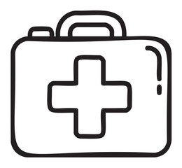Obraz premium Black outline drawing of a simple square first aid kit with a cross on the front. minimalist linear design for medical and emergency use.