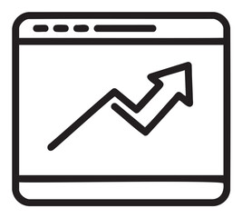 Black outline of a graph with an upward arrow inside a web browser window, symbolizing growth and progress.