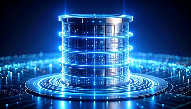 Futuristic Digital Data Storage Center with Glowing Neon Lights - Powered by Adobe