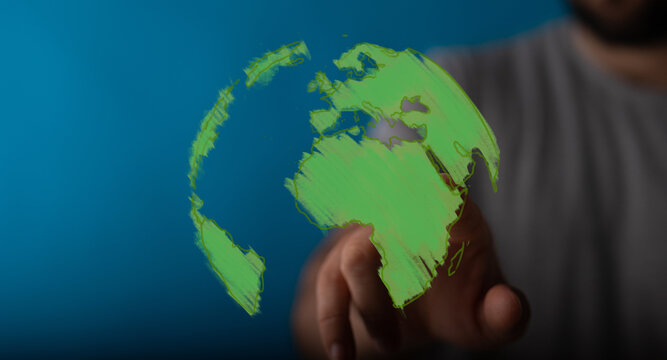 Abstract green world map, hand interaction, digital technology, global connection, environmental concept.