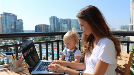 Young mother working on a laptop while her toddler plays beside her on a sunny balcony with a cityscape view