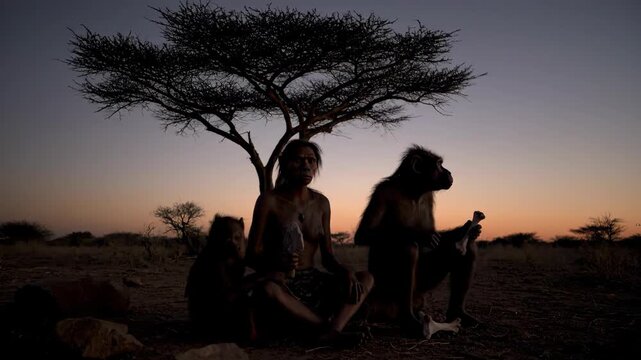 Evening Scene of Early Humans and Monkeys Under a Tree at Sunset