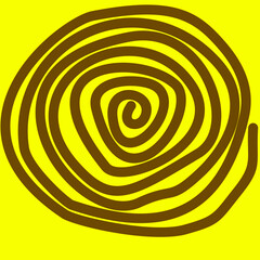Bold brown spiral. Minimalist and hypnotic design. Clean lines on bright yellow. Striking abstract graphic. Simple, powerful, and modern