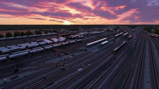 Train yard filled with trains and tracks under colorful sunset sky.