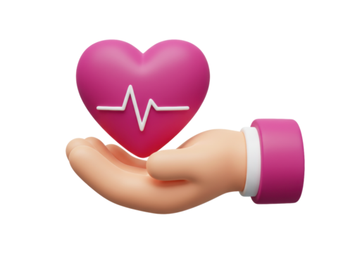 Isolated pink heart with pulse wave resting on cartoon hand for health care awareness