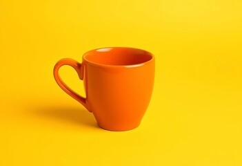 A vibrant orange ceramic coffee cup, handle slightly curved,  color,  latte