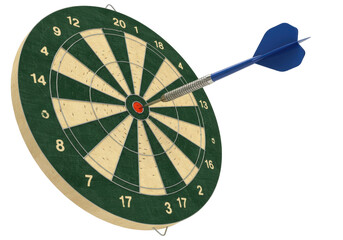 Isolated dartboard with blue dart hitting bullseye target center, for games of skill hobby