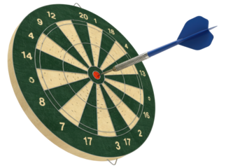 Isolated dartboard with blue dart hitting bullseye target center, for games of skill hobby