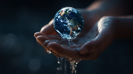 Hands holding Earth globe melting like water.