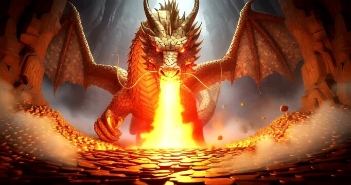 Majestic dragon breathing fire over a treasure hoard in a cavernous lair