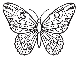 Detailed black and line drawing of a butterfly with intricate holiday-themed designs, including ornaments and seasonal motifs.