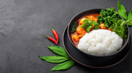 A bowl of flavorful Thai red curry with rice, fresh herbs, and vibrant red chilies is presented on a dark surface, inviting a taste of authentic cuisine.