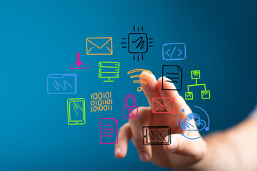 Hand interacts with digital icons: email, server, wifi, code, files, network, cloud, security.  Modern technology concept.