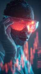 Doctor wearing VR glasses standing in front of  a glowing heart cardiogram Ecg chart projected on digital screen.