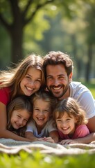 Fototapeta premium Joyful family portrait with children in a sunny park