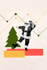 Vertical image poster 3d banner collage of happy old man santa claus dance new year tree boombox music celebration holiday