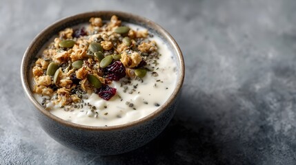Healthy yogurt bowl with granola seeds and dried cranberries for breakfast