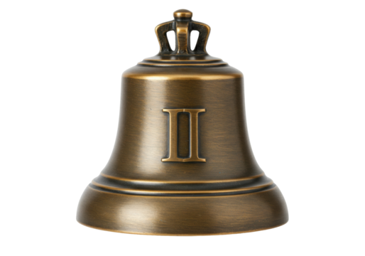 Isolated metallic bronze bell with Roman numeral II for decorative use indoors, decoration