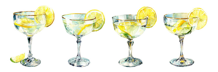 Set of Glasses with Limoncello. Watercolor vintage glasses with alcoholic lemon drink decorated with a slice of lemon. Mediterranean alcoholic drinks.