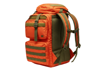 Isolated orange military backpack with olive green straps for outdoor activities. High quality