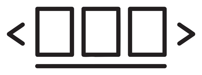 Simple black outline icon of a carousel with three square slides and navigation arrows. minimal design for presentation or gallery concepts.