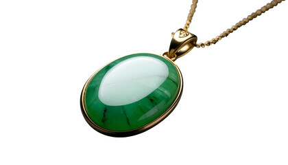 Gold necklace with a large green, oval-shaped gemstone pendant
