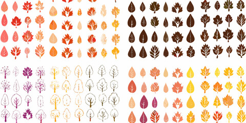 Collection of autumn leaves and trees in various colors and styles for seasonal designs
