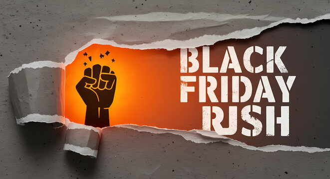 Black Friday Rush Sales Event on Torn Paper Background with Power Fist Icon and Orange Glow