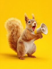 Playful squirrel holding a megaphone and shouting, bright yellow background. 