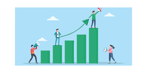 Fototapeta premium Teamwork and growth concept illustration with people celebrating success on a rising bar chart